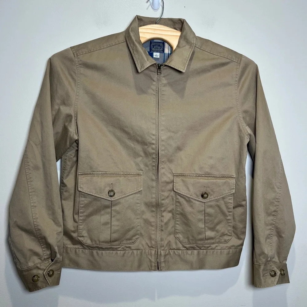 J.Crew Harrington Jacket Men L Tan Full Zip Plaid Lined Cotton Twill Utility EUC